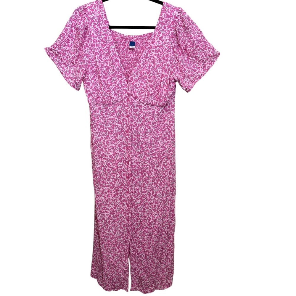 Ditzy Floral Midi Dress Pink White Button Down Front Smocked Back Boho Cottage - Picture 3 of 12